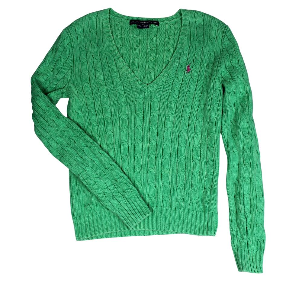 Ralph Lauren Sport Sweater Womens Medium Green Cable Knit Cotton Preppy Y2K